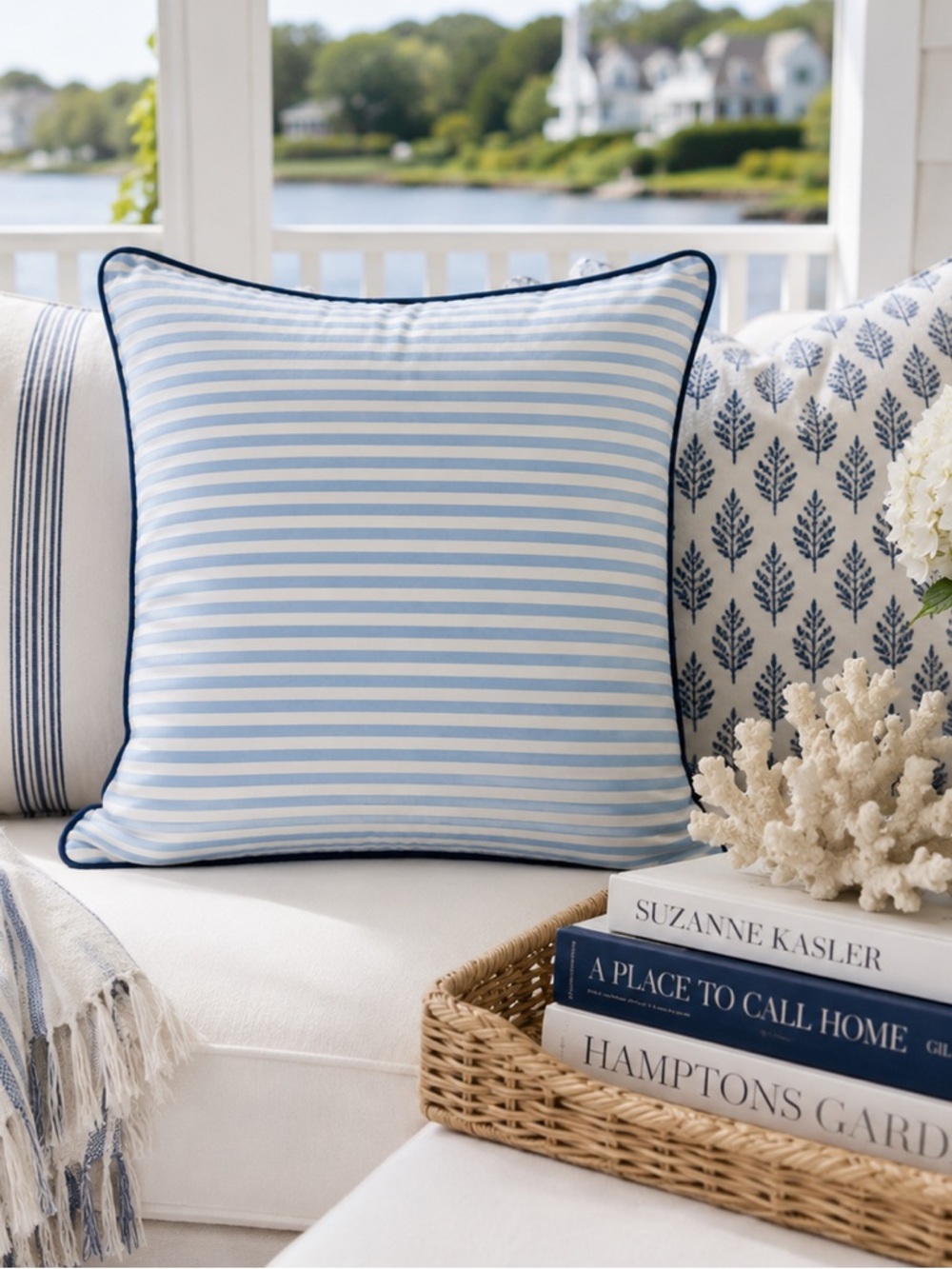 Hofdeco Premium Blue White Stripe Pillow Cover Coastal Cabana Nautical 20”